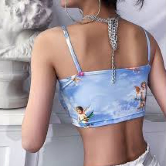 Boutique Angel Print Blue Crop Top Spaghetti Strap Halter Tank Shirt Blouse - Picture 2 of 5